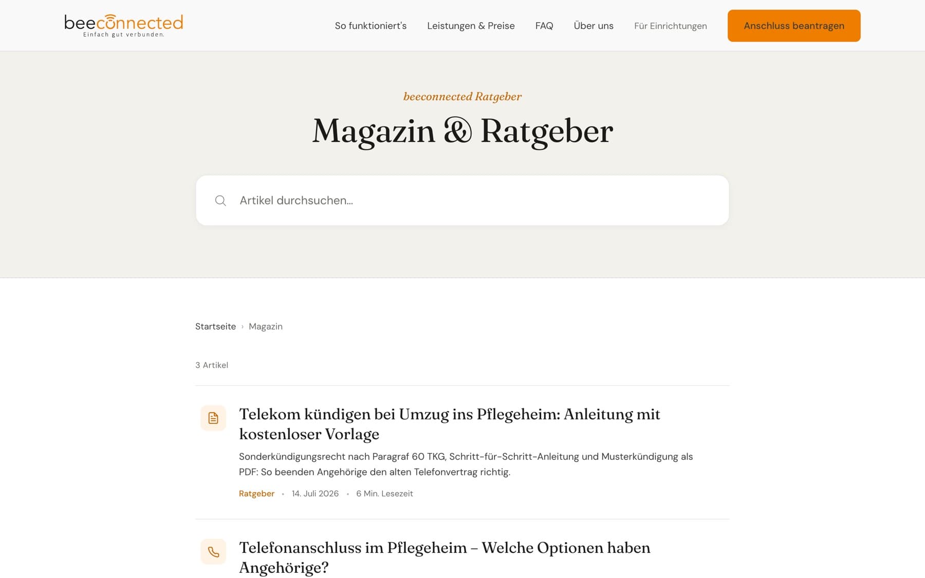 Magazin und Ratgeber Bereich von beeconnected.de